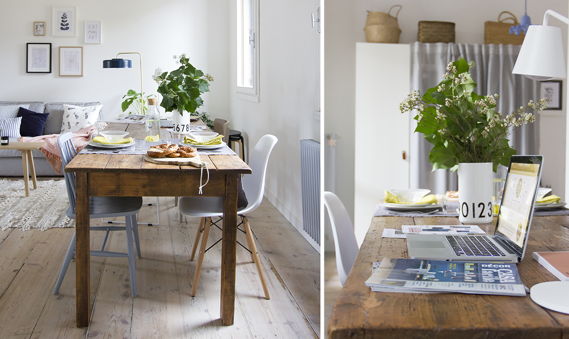 tavolo vintage con sedie moderne