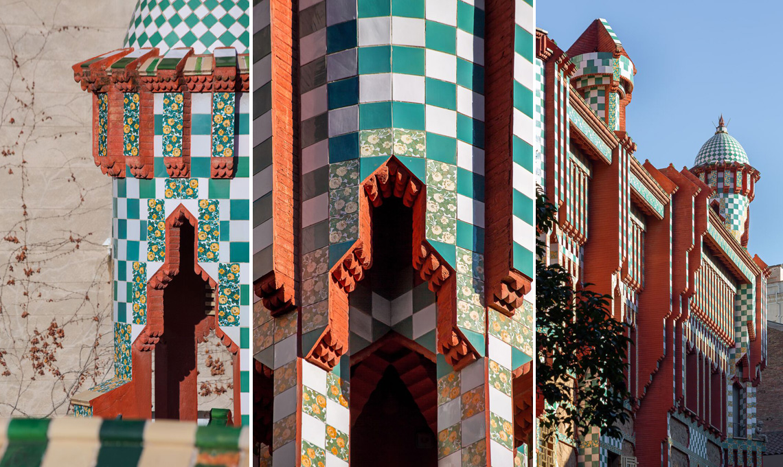 Dettagli delle decorazioni geometriche di Casa Vincens di Antoni Gaudí a Barcellona