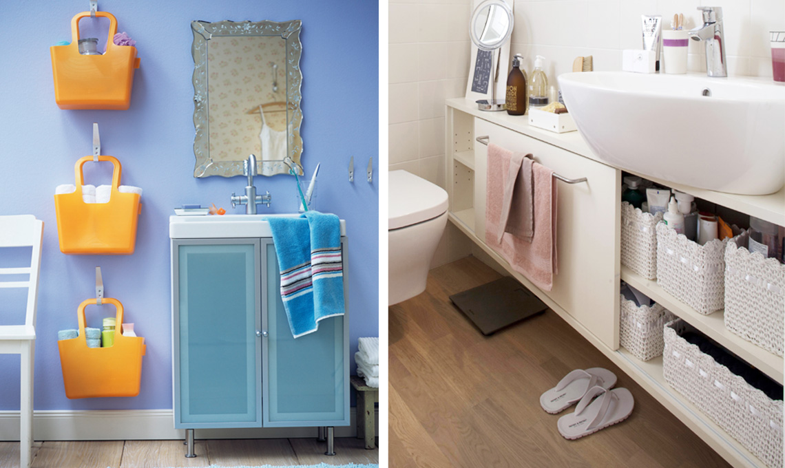 A sinistra le shopper di gomma decorano la parete, dando un tocco vivace e ironico all'ambiente; a destra i contenitori sono inseriti all'interno del mobile lavabo e, sebbene non a vista, sono coordinati tra loro e con l'ambiente [foto Giandomenico Frassi, styling Vanessa Pisk]