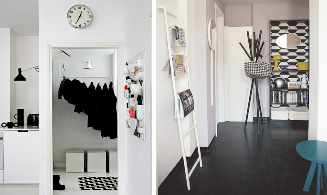 Scegli una palette colori anche per l'ingresso, magari in dialogo con il resto della casa, e lascia in bella vista accessori intonati [a sinistra: foto Morten Holtum; a destra: foto Giandomenico Frassi, styling Vanessa Pisk]