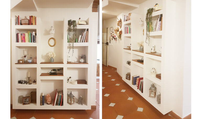 Cucina e libreria in muratura: una soluzione su misura